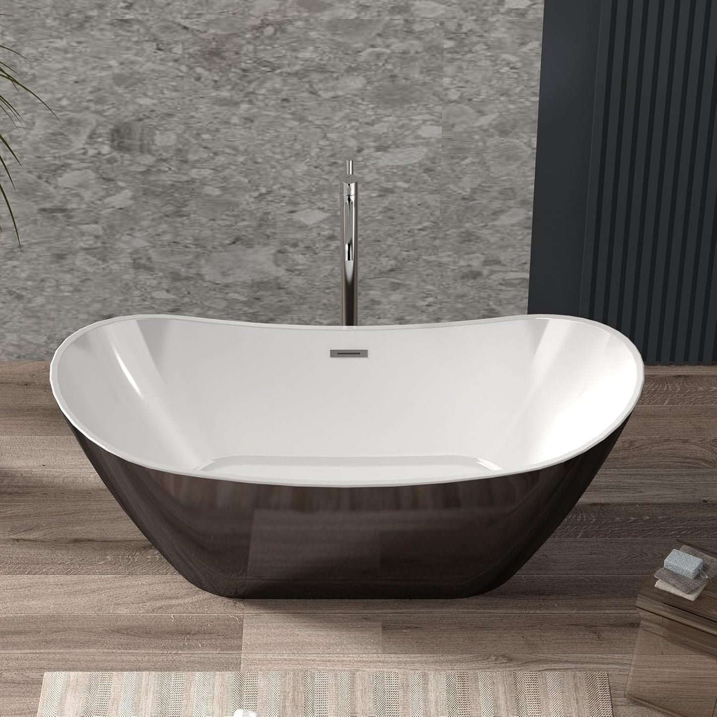 Freestanding Bathtub 59 Inch Acrylic Soaking Tub, Black and White Stand Alone Bathtub with Chrome Drain and Overflow, Space-Saving Freestanding Tub for Small Bathroom or Apartment