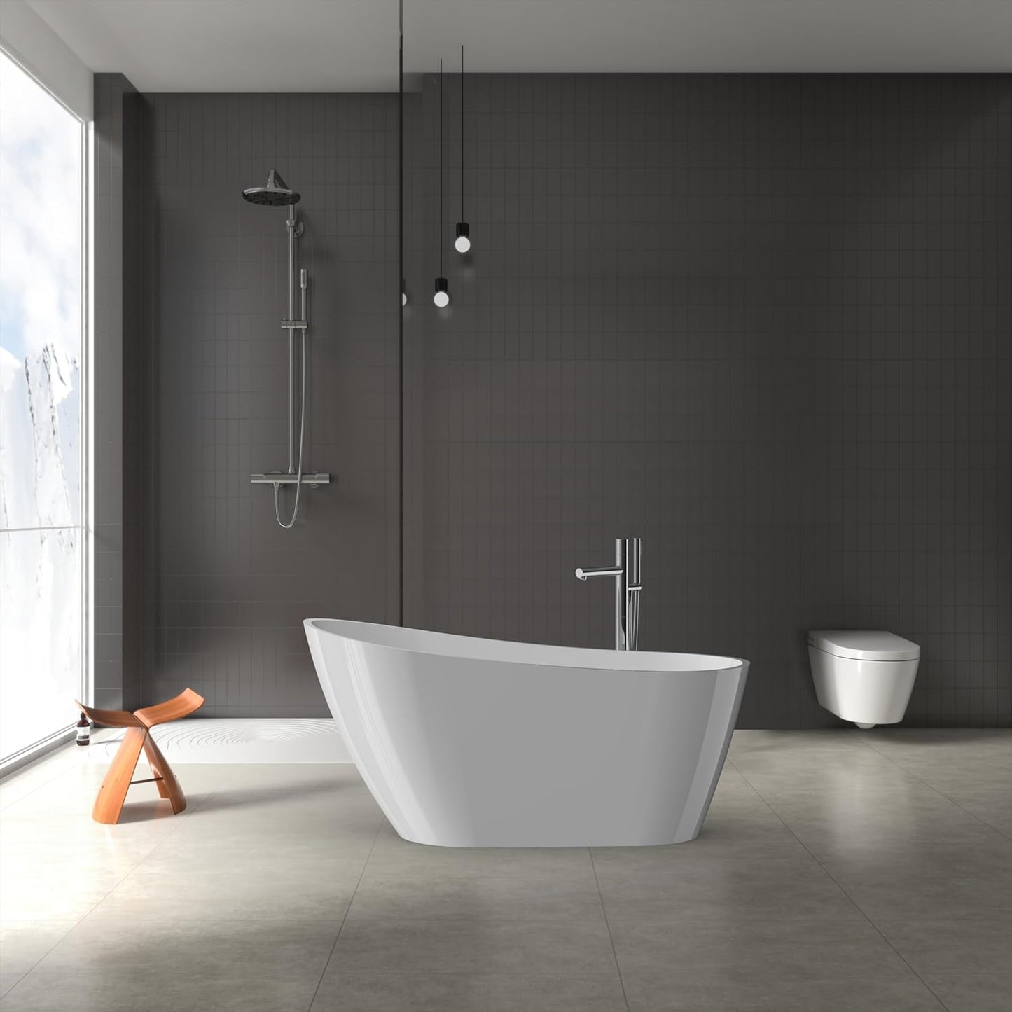 Freestanding Bathtub Black and White 59 inch Acrylic Tub with Chrome Drain, Ergonomic Stand Alone Bathtub for Small Space Modern Bathrooms