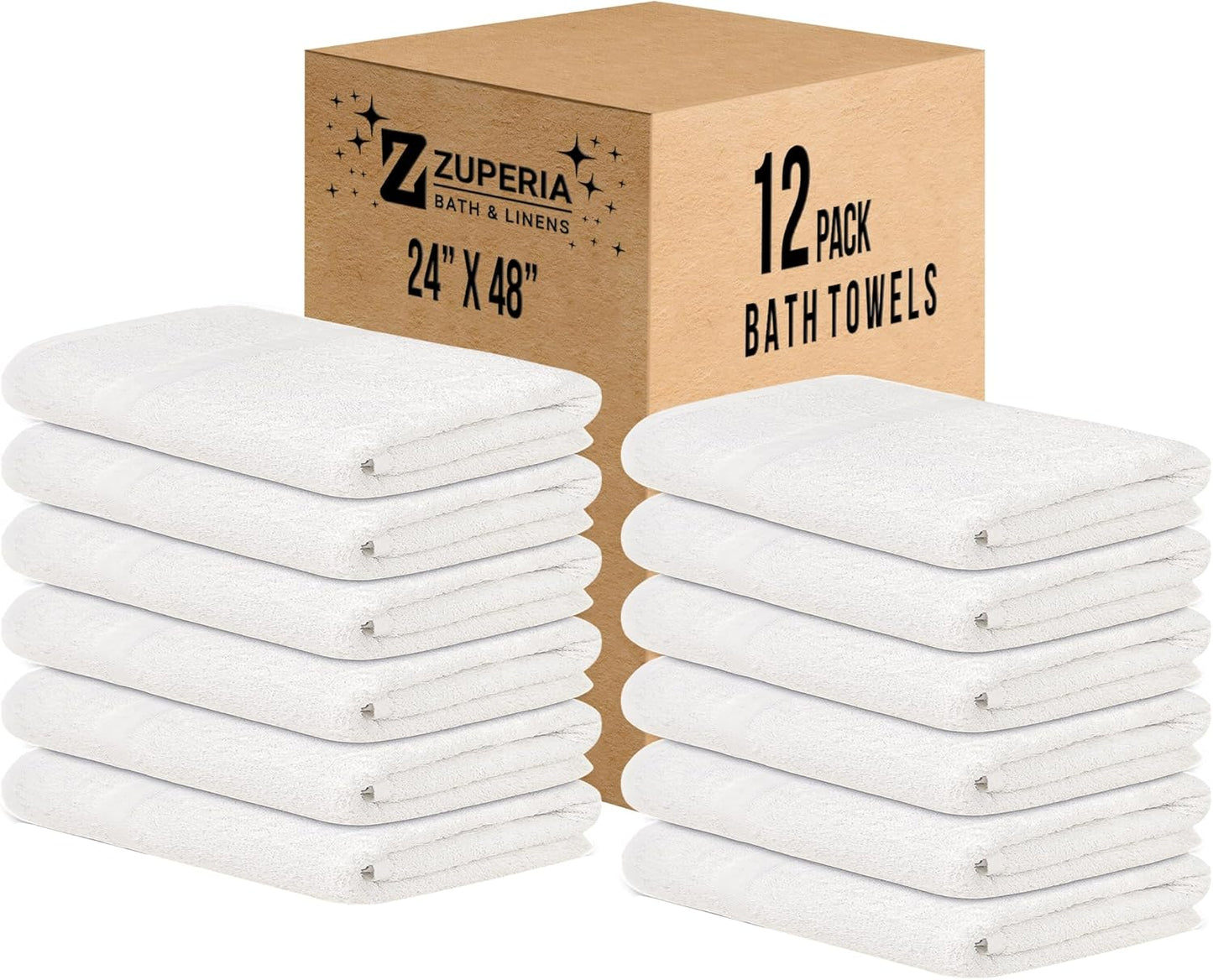 ZUPERIA White Bath Towels Bulk - 20 x 40 Inches, 100% Cotton Economy Light Weight Towels for Commercial Use - Quick Dry, Ultra-Soft, and Absorbent Bulk Towels (12, Bath Towel 20"x40")