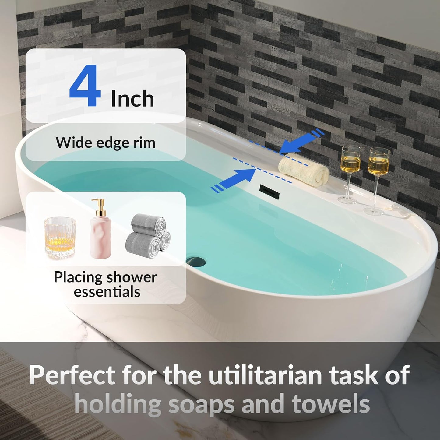 WOODBRIDGE 72" Acrylic Freestanding Bathtub Contemporary Soaking White Tub with Matte Black Overflow and Drain,B0059-MB