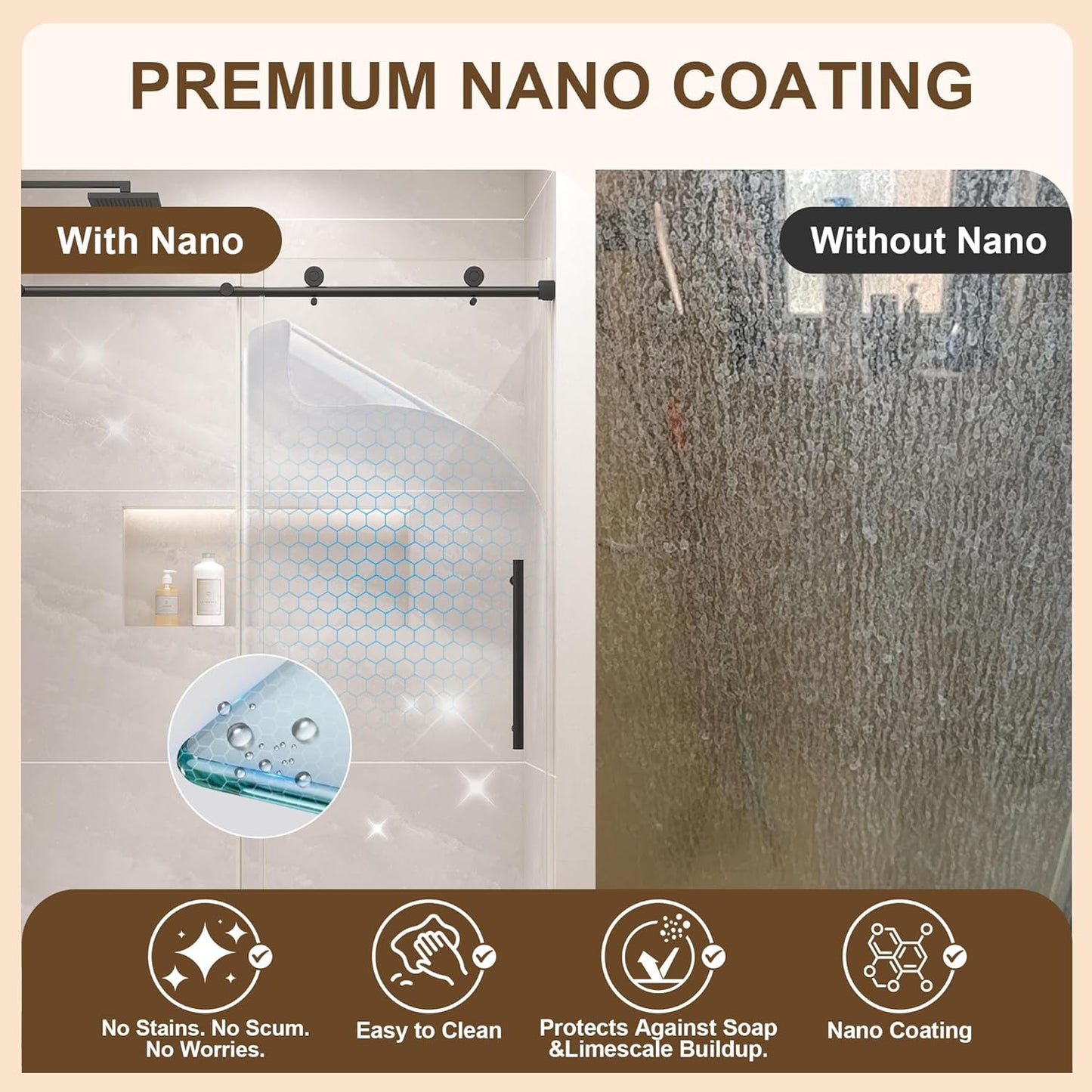 Frameless Bathtub Shower Door, 55-60" W x 60" H Sliding Tub Shower Door, 1/4''(6mm) SGCC Tempered Glass with Explosion-Proof Film Nano Coating, Stainless Steel Hardware, Matte Black