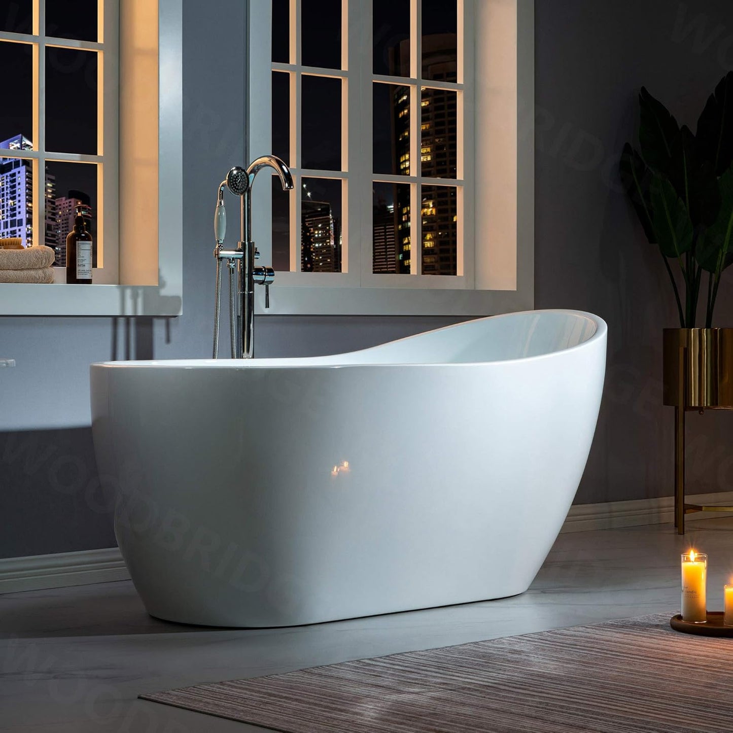 WOODBRIDGE 59" Acrylic Freestanding Bathtub Contemporary Soaking White Tub with Brushed Nickel Overflow and Drain,B-1530 -B/N-Drain &O