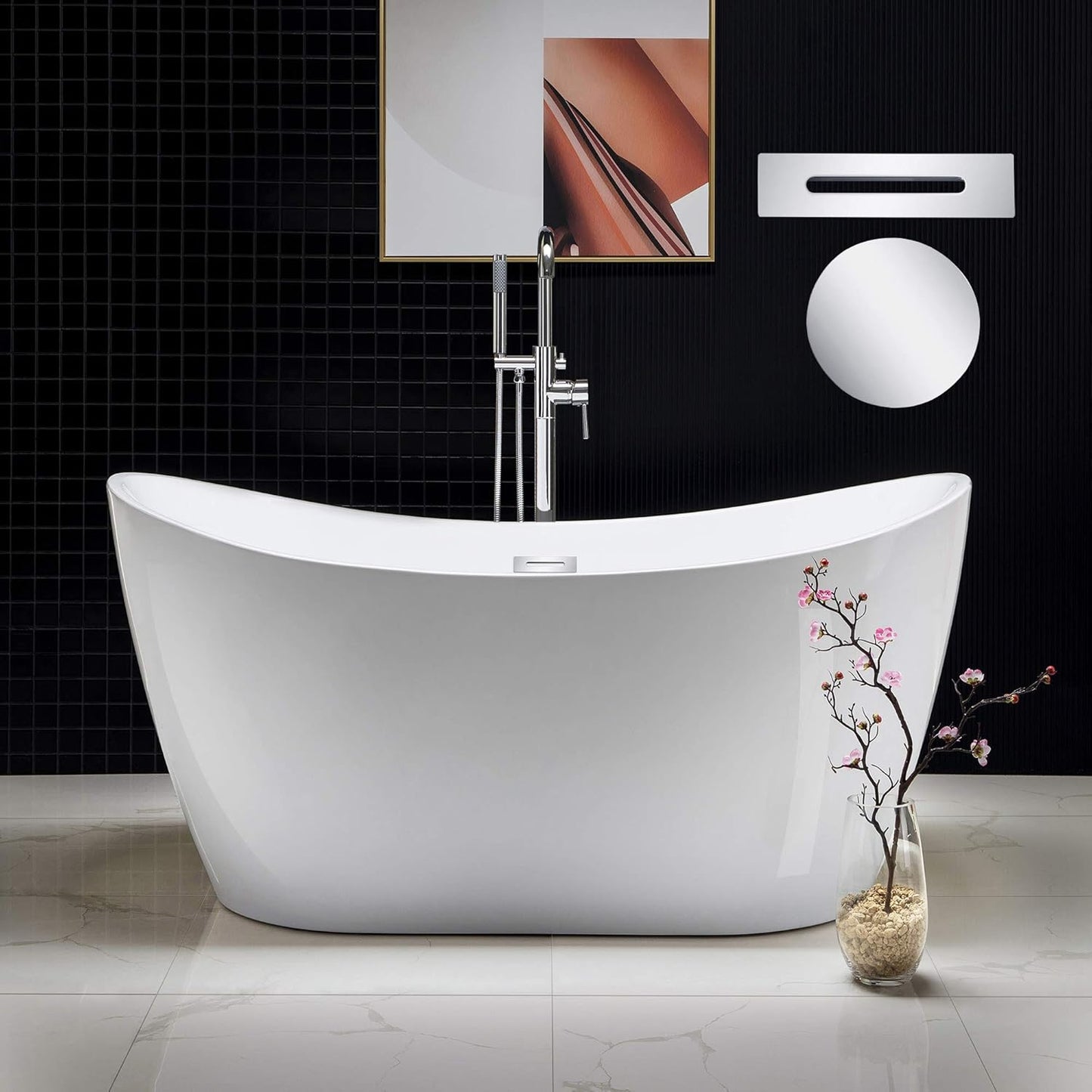 WOODBRIDGE 59" Acrylic Freestanding Bathtub Contemporary Soaking White Tub with Brushed Gold Overflow and Drain,BTA1516-BG-Drain-&O