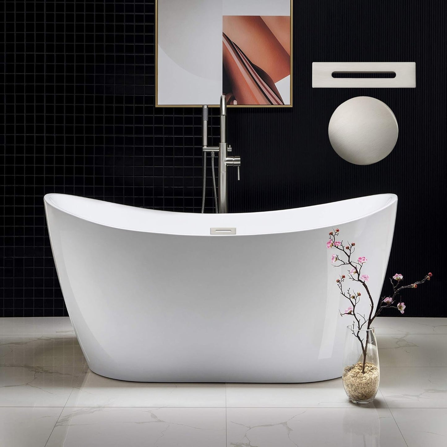 WOODBRIDGE 59" Acrylic Freestanding Bathtub Contemporary Soaking White Tub with Brushed Gold Overflow and Drain,BTA1516-BG-Drain-&O