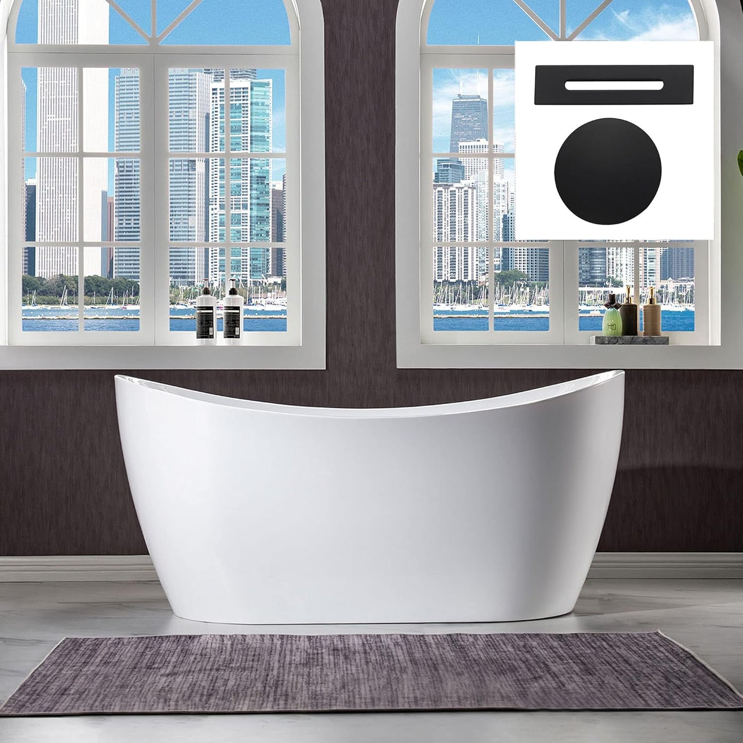 WOODBRIDGE 59" Acrylic Freestanding Bathtub Contemporary Soaking White Tub with Brushed Gold Overflow and Drain,BTA1516-BG-Drain-&O