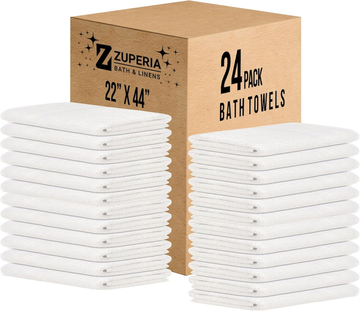 ZUPERIA White Bath Towels Bulk - 20 x 40 Inches, 100% Cotton Economy Light Weight Towels for Commercial Use - Quick Dry, Ultra-Soft, and Absorbent Bulk Towels (12, Bath Towel 20"x40")