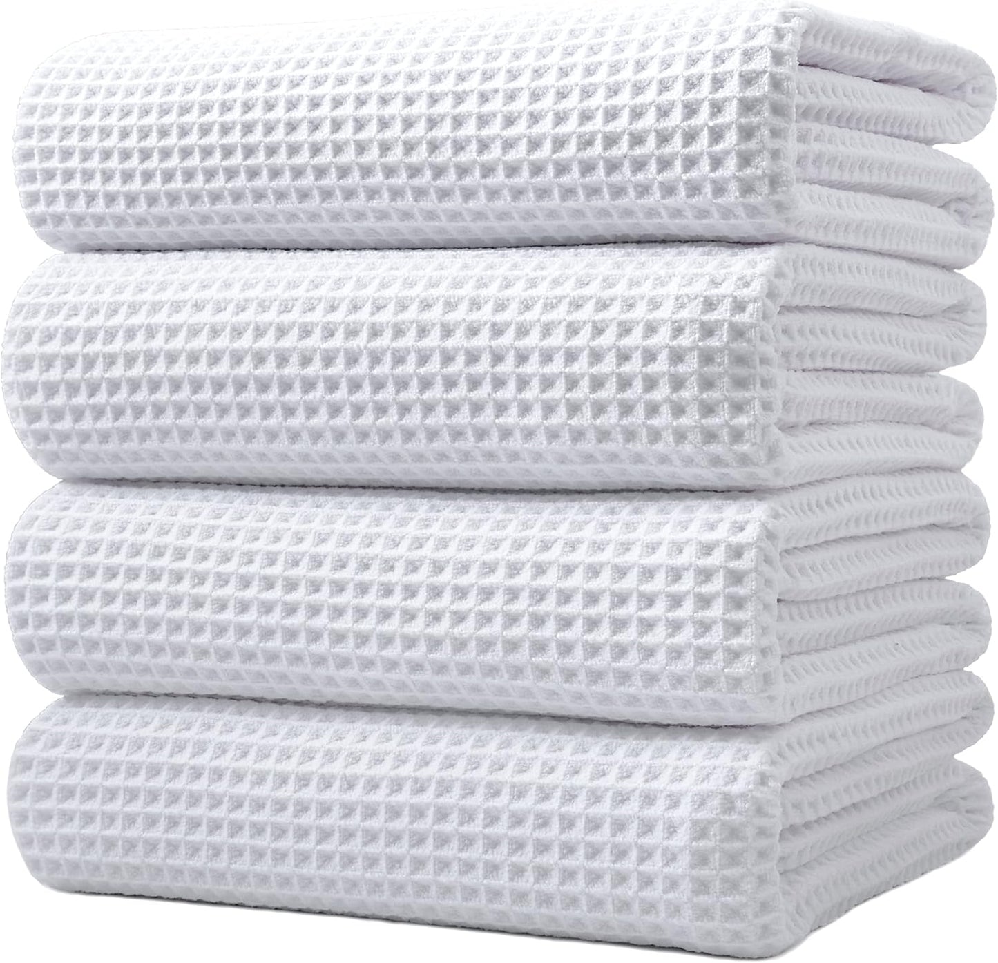 POLYTE Microfiber Oversize Quick Dry Lint Free Bath Towel, 60 x 30 in, 4 Pack (Beige, Waffle Weave)
