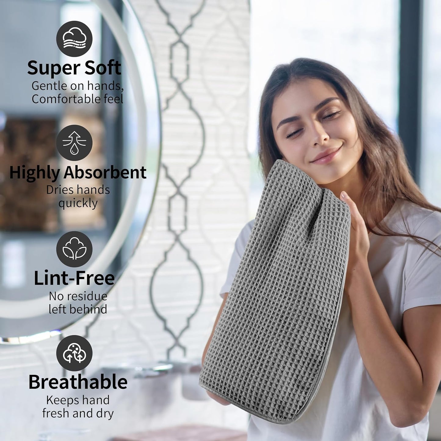 Microfiber Waffle Hand Towels, 2 Pieces, Soft, Absorbent, Fast Drying, Lint Free (Gray)