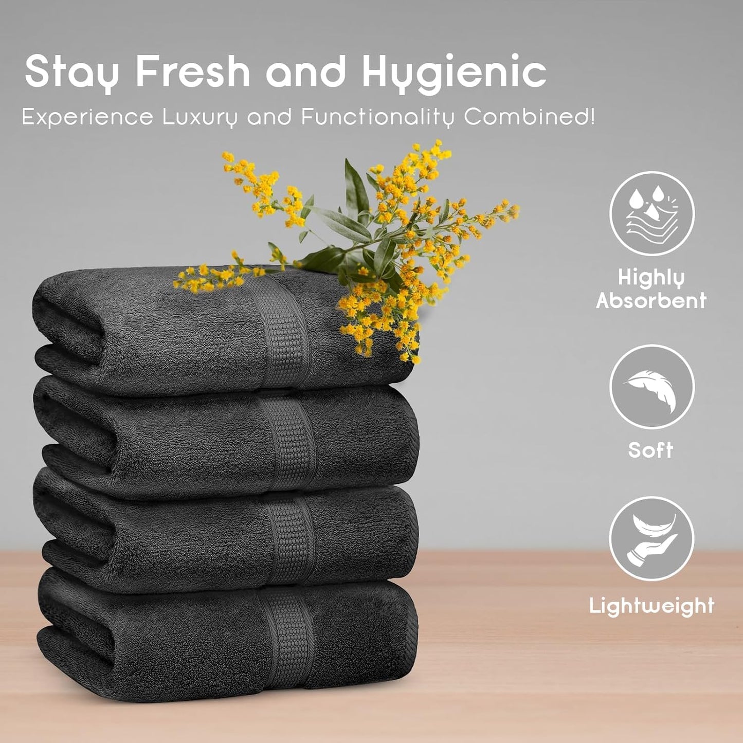 Ariv Premium Bath Towels Pack of 4, 100% Cotton, Large, Super Soft, Highly Absorbent, Quick Dry, Durable, Comfortable, Great Value & Quality, Perfect for Home & Bathroom - Grey