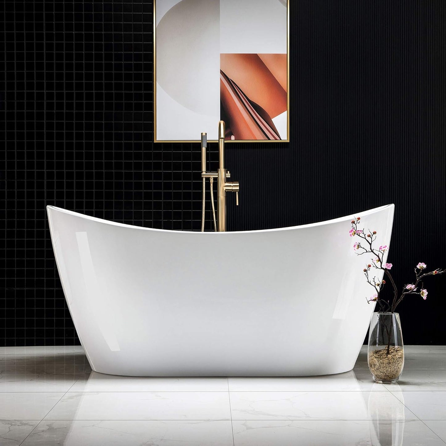 WOODBRIDGE 59" Acrylic Freestanding Bathtub Contemporary Soaking White Tub with Brushed Gold Overflow and Drain,BTA1516-BG-Drain-&O