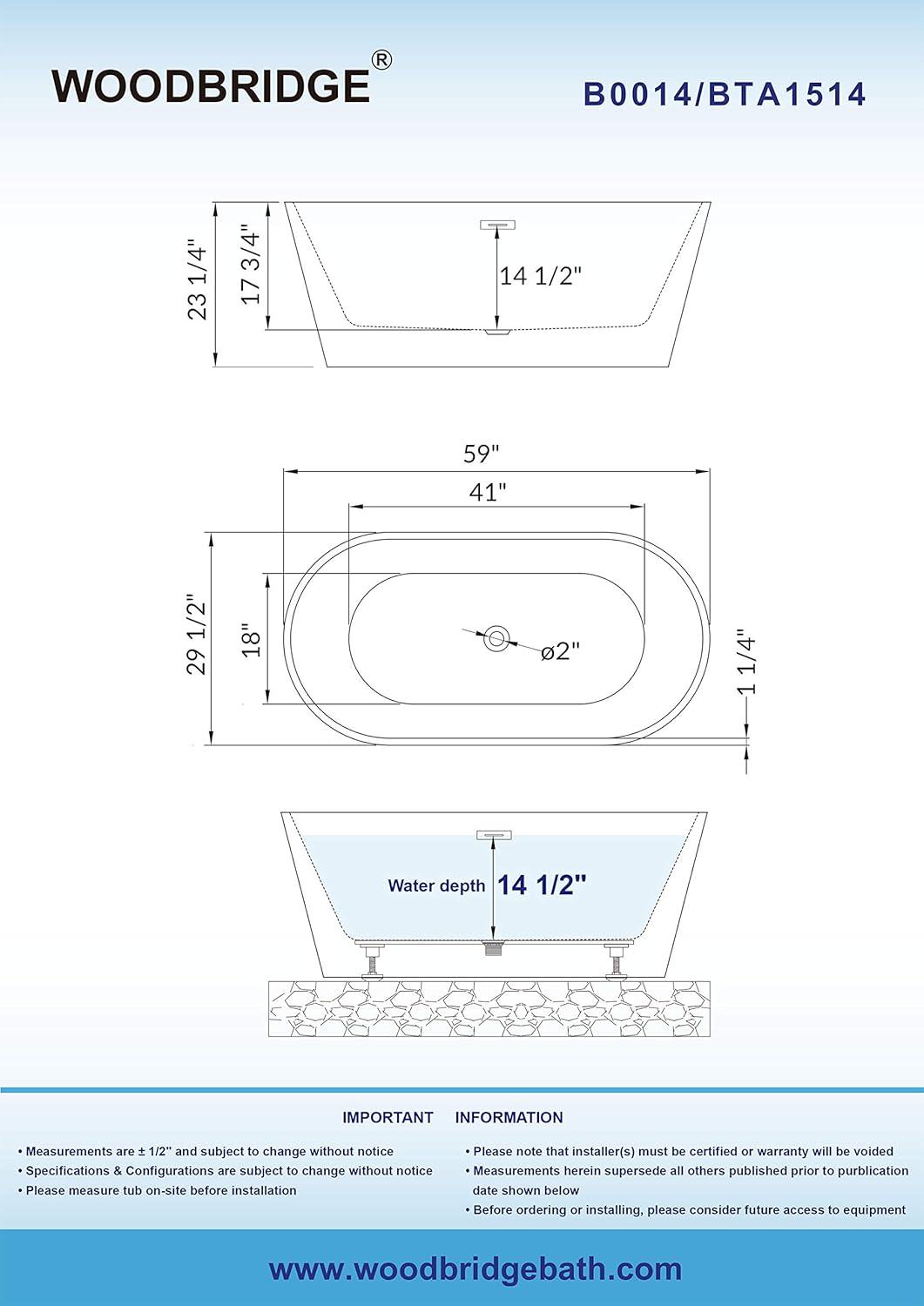 WOODBRIDGE 59" Acrylic Freestanding Bathtub Contemporary Soaking Tub with Brushed Nickel Overflow and Drain B0014B,White
