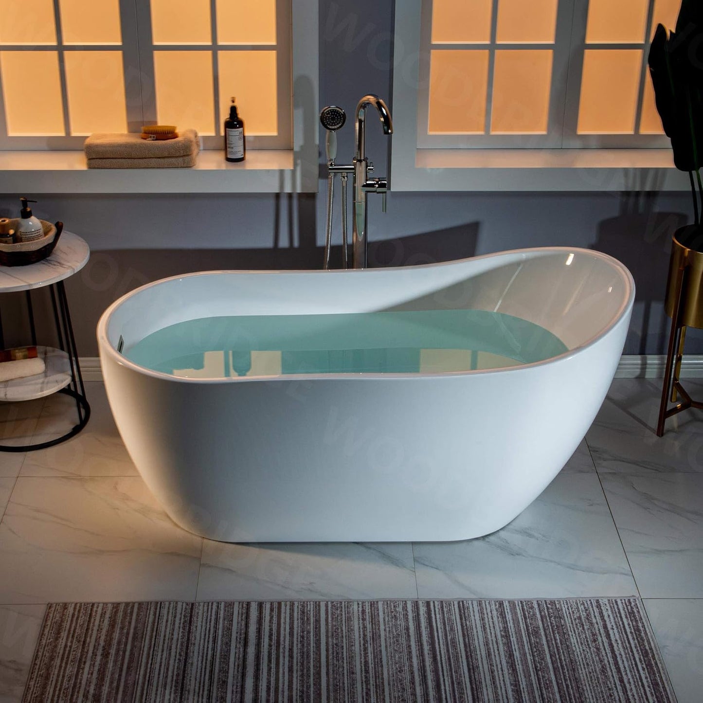 WOODBRIDGE 59" Acrylic Freestanding Bathtub Contemporary Soaking White Tub with Brushed Nickel Overflow and Drain,B-1530 -B/N-Drain &O
