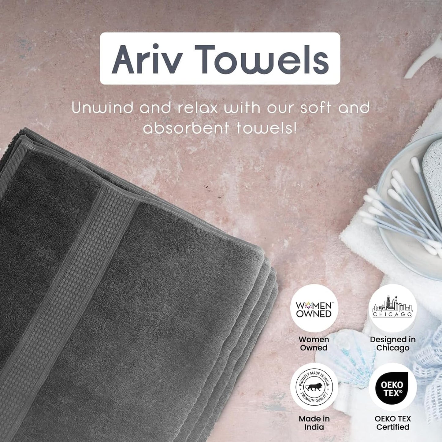 Ariv Premium Bath Towels Pack of 4, 100% Cotton, Large, Super Soft, Highly Absorbent, Quick Dry, Durable, Comfortable, Great Value & Quality, Perfect for Home & Bathroom - Grey