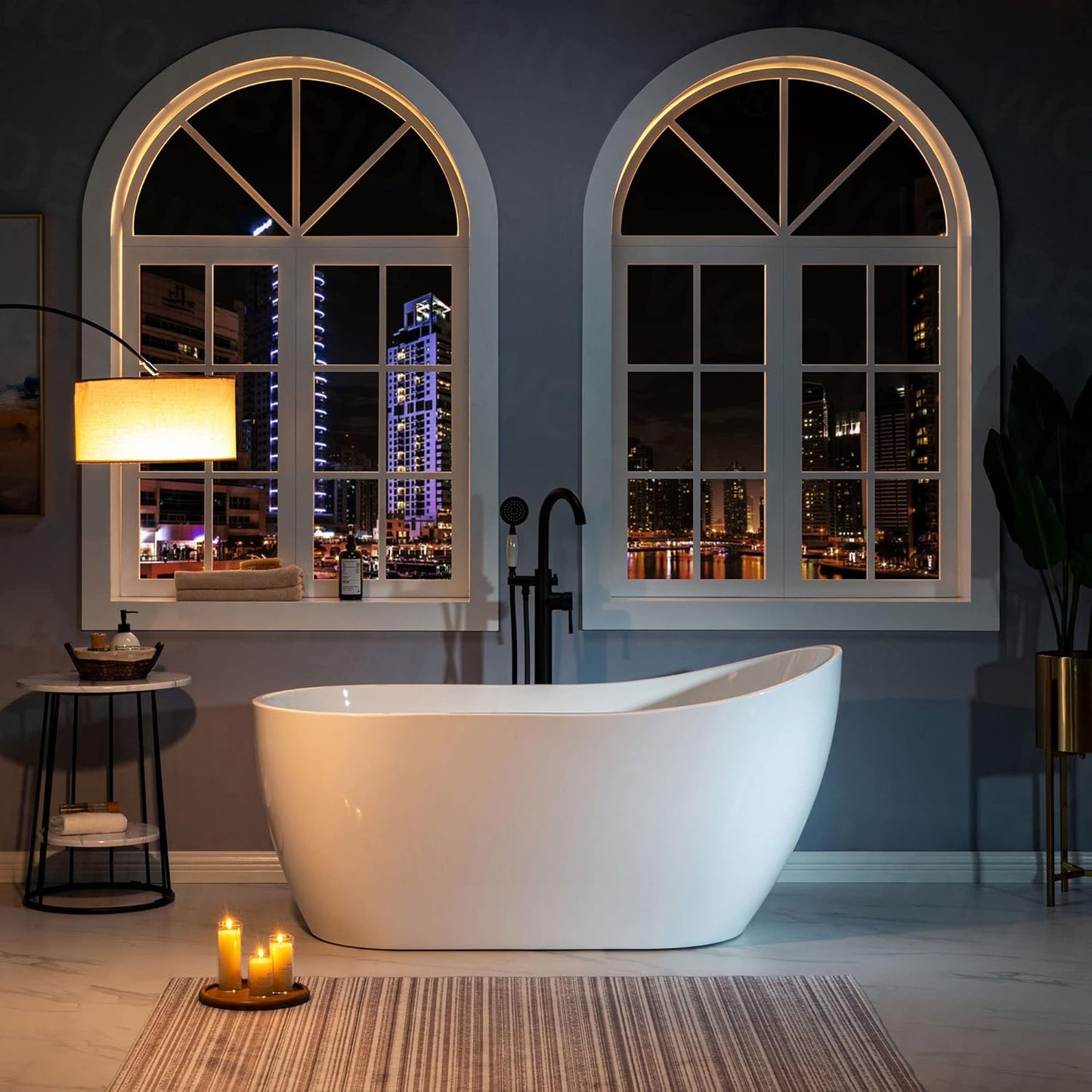 WOODBRIDGE 59" Acrylic Freestanding Bathtub Contemporary Soaking White Tub with Brushed Nickel Overflow and Drain,B-1530 -B/N-Drain &O