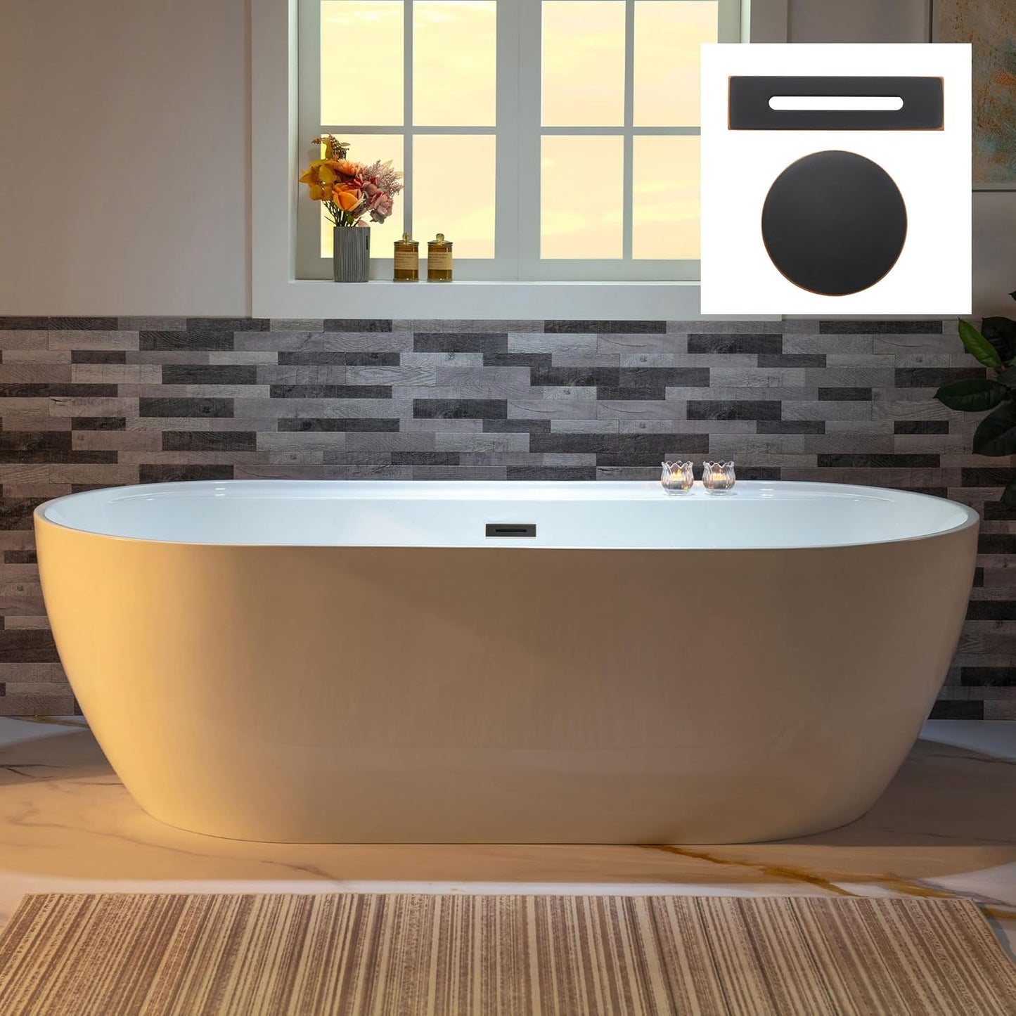 WOODBRIDGE 72" Acrylic Freestanding Bathtub Contemporary Soaking White Tub with Matte Black Overflow and Drain,B0059-MB