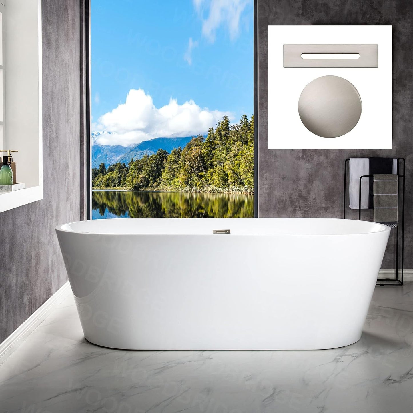WOODBRIDGE 67" Acrylic Freestanding Bathtub Contemporary Soaking Tub, White Acrylic (Matte Black Drain/Overflow), B0013-MB-Drain &O