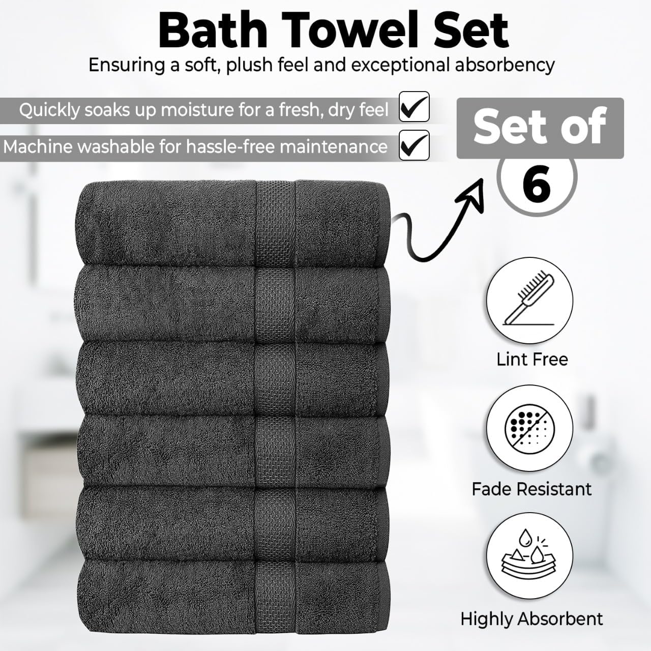 Hotel & Spa 100% Cotton Bath Towels Pack of 6, Ultra Soft, Quick Dry, Lightweight, Highly Absorbent, Perfect for Shower, Spa, Gym, Pool, Hotel, Resort & Daily Use (Grey - 24x48 Inches)