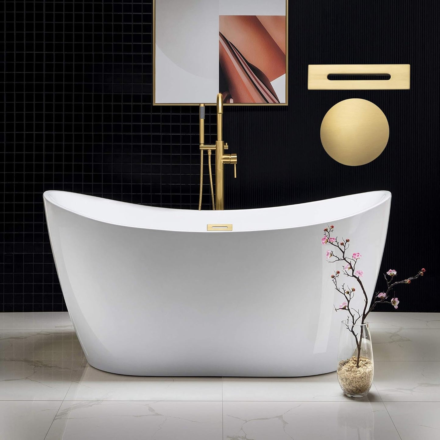 WOODBRIDGE 59" Acrylic Freestanding Bathtub Contemporary Soaking White Tub with Brushed Gold Overflow and Drain,BTA1516-BG-Drain-&O