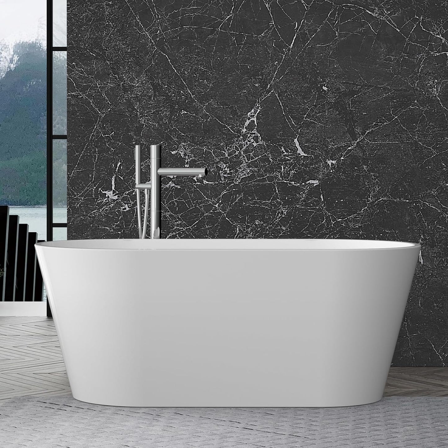 Freestanding Bathtub 59 Inch Acrylic Soaking Tub, Black and White Stand Alone Bathtub with Chrome Drain and Overflow, Space-Saving Freestanding Tub for Small Bathroom or Apartment