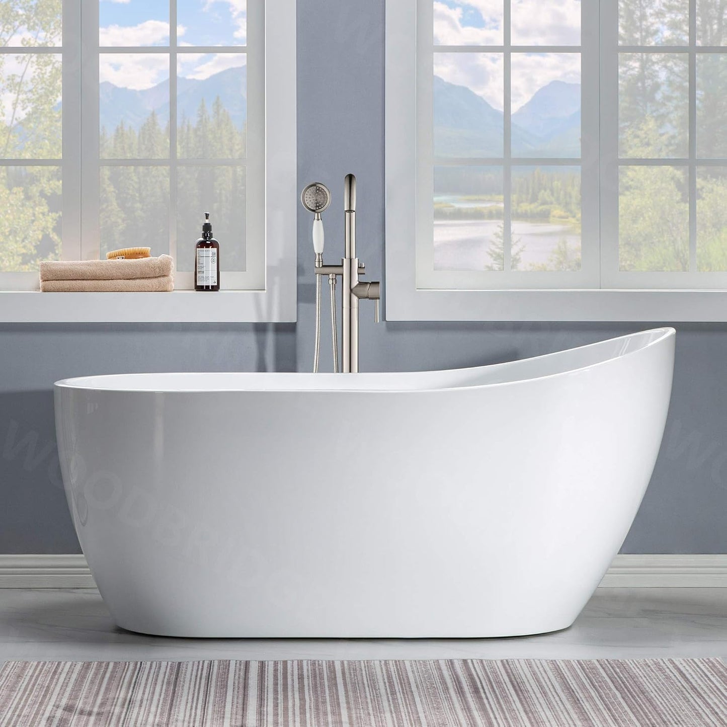 WOODBRIDGE 59" Acrylic Freestanding Bathtub Contemporary Soaking White Tub with Brushed Nickel Overflow and Drain,B-1530 -B/N-Drain &O