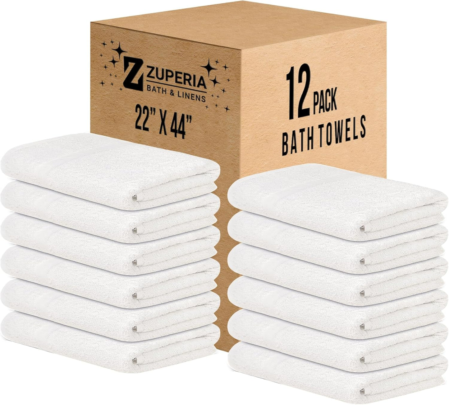 ZUPERIA White Bath Towels Bulk - 20 x 40 Inches, 100% Cotton Economy Light Weight Towels for Commercial Use - Quick Dry, Ultra-Soft, and Absorbent Bulk Towels (12, Bath Towel 20"x40")