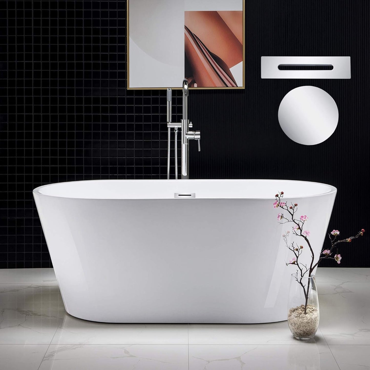 WOODBRIDGE 59" Acrylic Freestanding Bathtub Contemporary Soaking Tub with Brushed Nickel Overflow and Drain B0014B,White