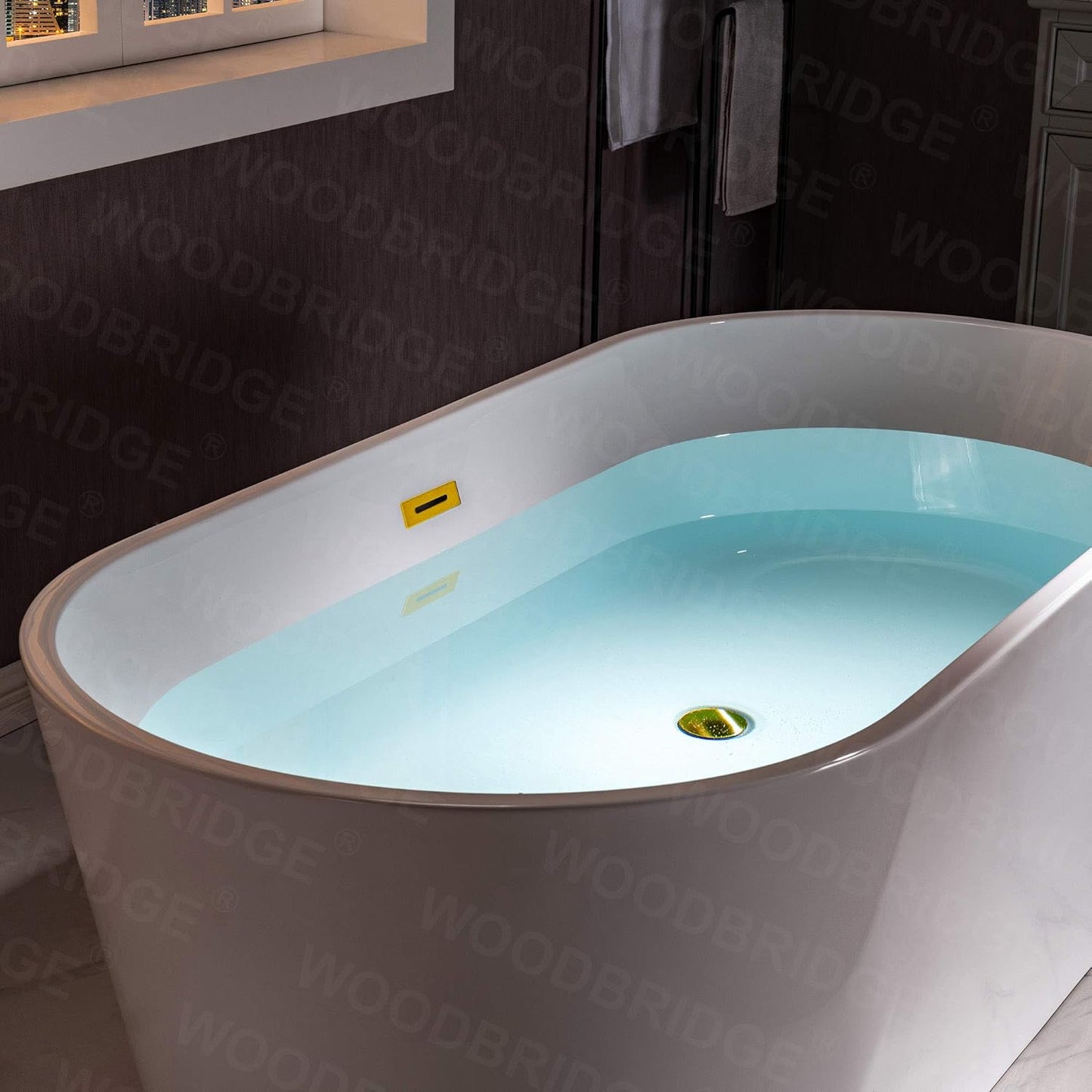 WOODBRIDGE 59" Freestanding White Acrylic Soaking Bathtub with Brushed Gold Drain and Overflow,BTA1514 -BG-Drain &O