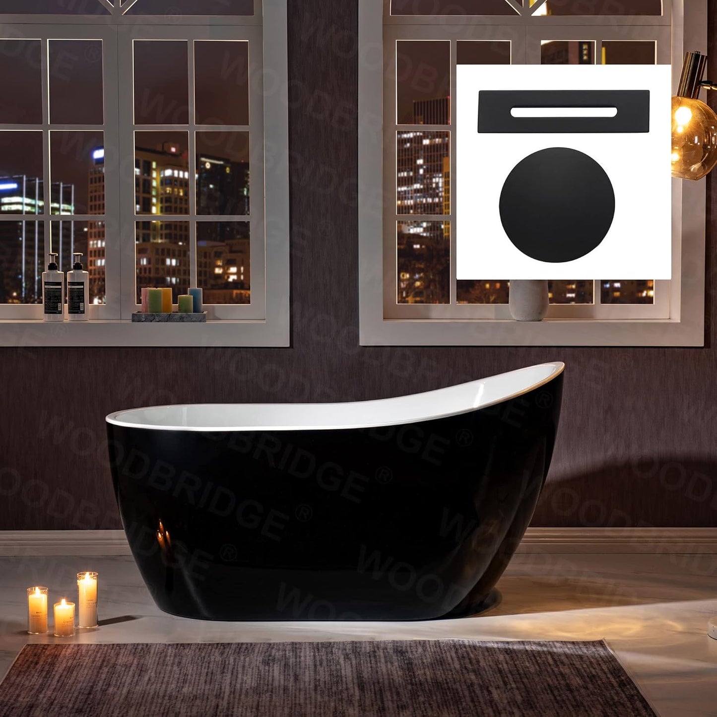 WOODBRIDGE Acrylic Freestanding Contemporary Soaking Tub with Brushed Nickel Overflow and Drain, B-0006 / BTA1507, 54" Bathtub White