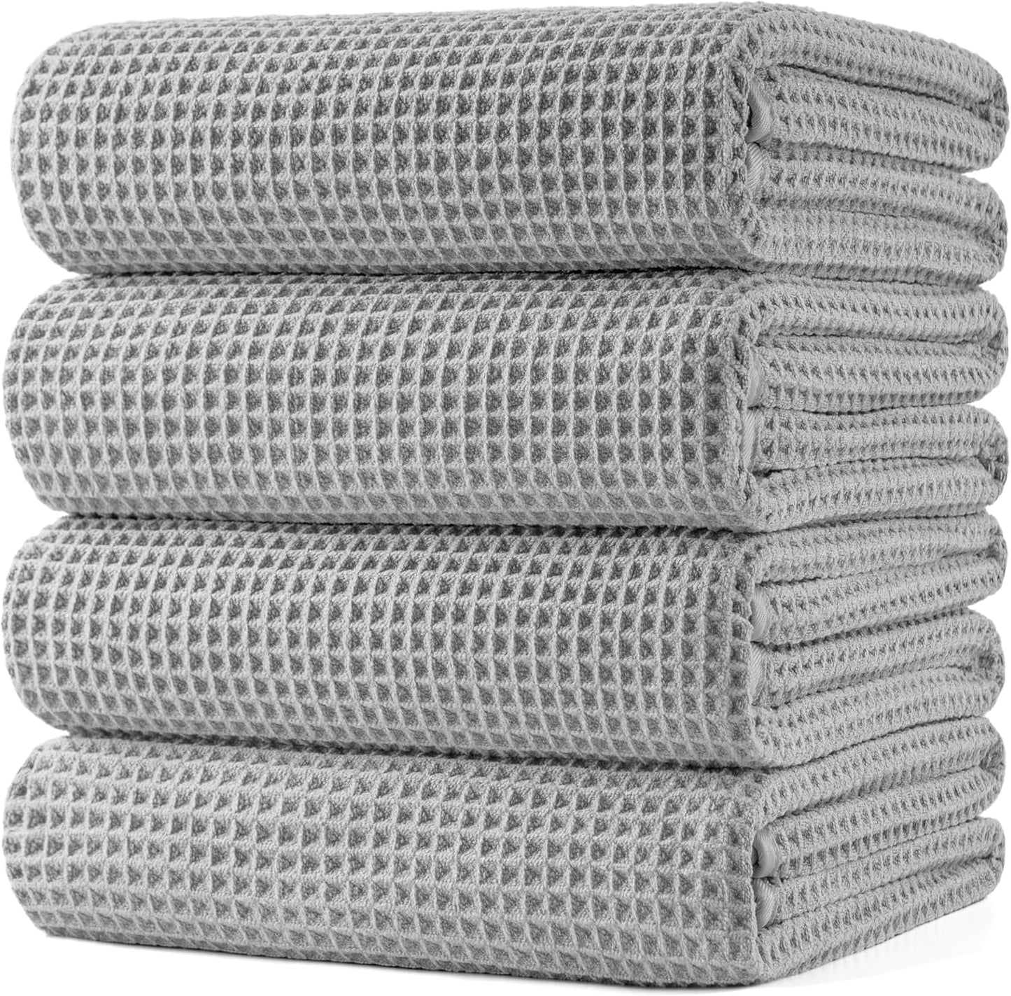 POLYTE Microfiber Oversize Quick Dry Lint Free Bath Towel, 60 x 30 in, 4 Pack (Beige, Waffle Weave)