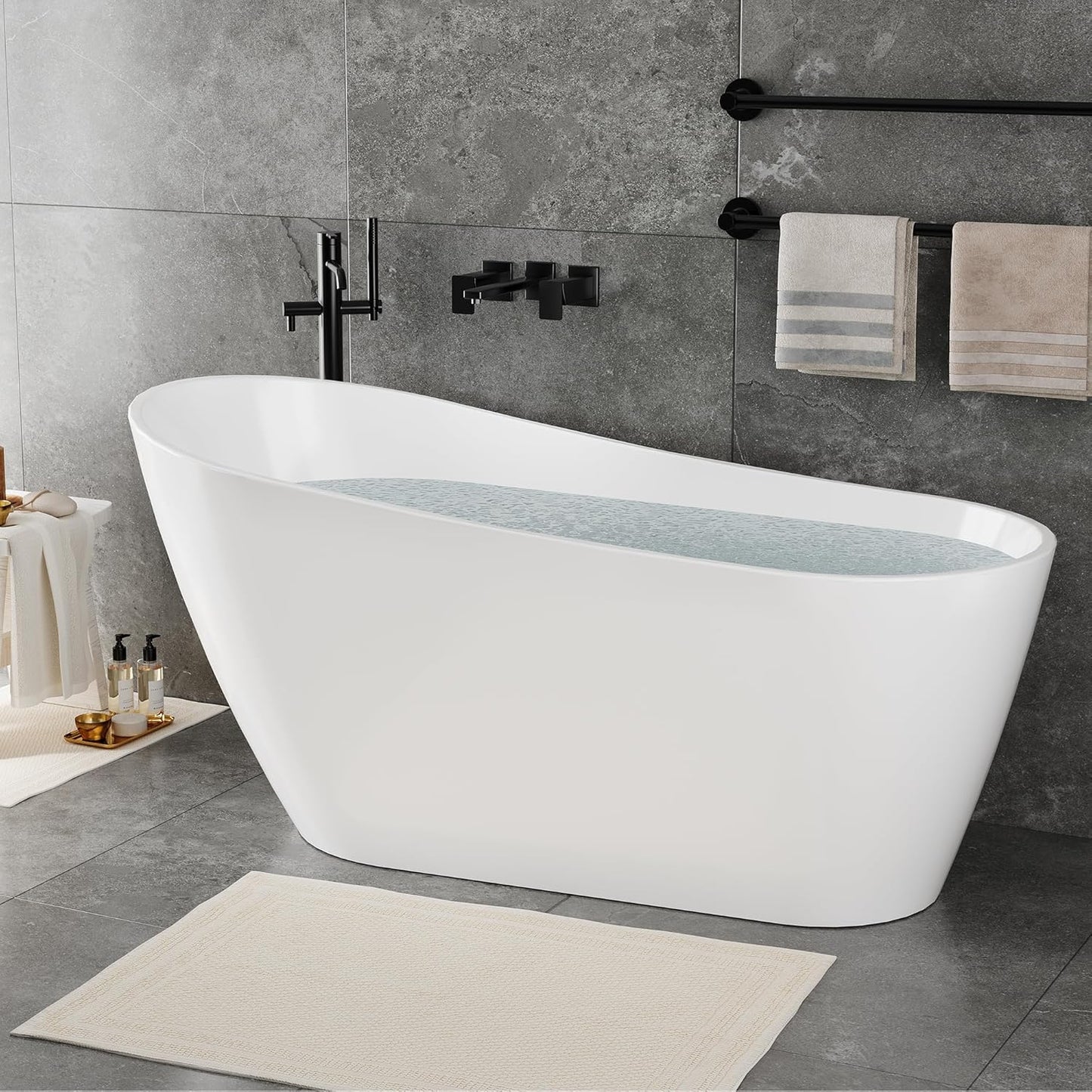 Freestanding Bathtub Black and White 59 inch Acrylic Tub with Chrome Drain, Ergonomic Stand Alone Bathtub for Small Space Modern Bathrooms