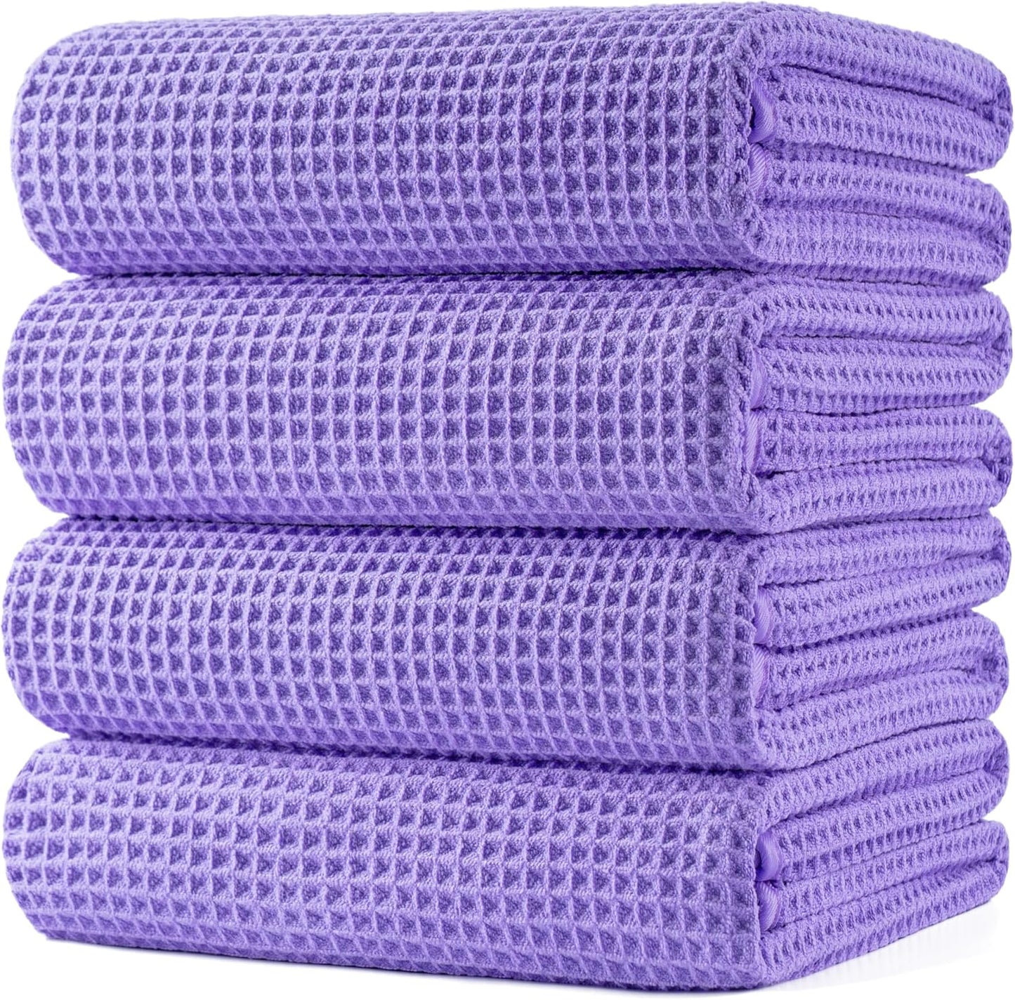 POLYTE Microfiber Oversize Quick Dry Lint Free Bath Towel, 60 x 30 in, 4 Pack (Beige, Waffle Weave)