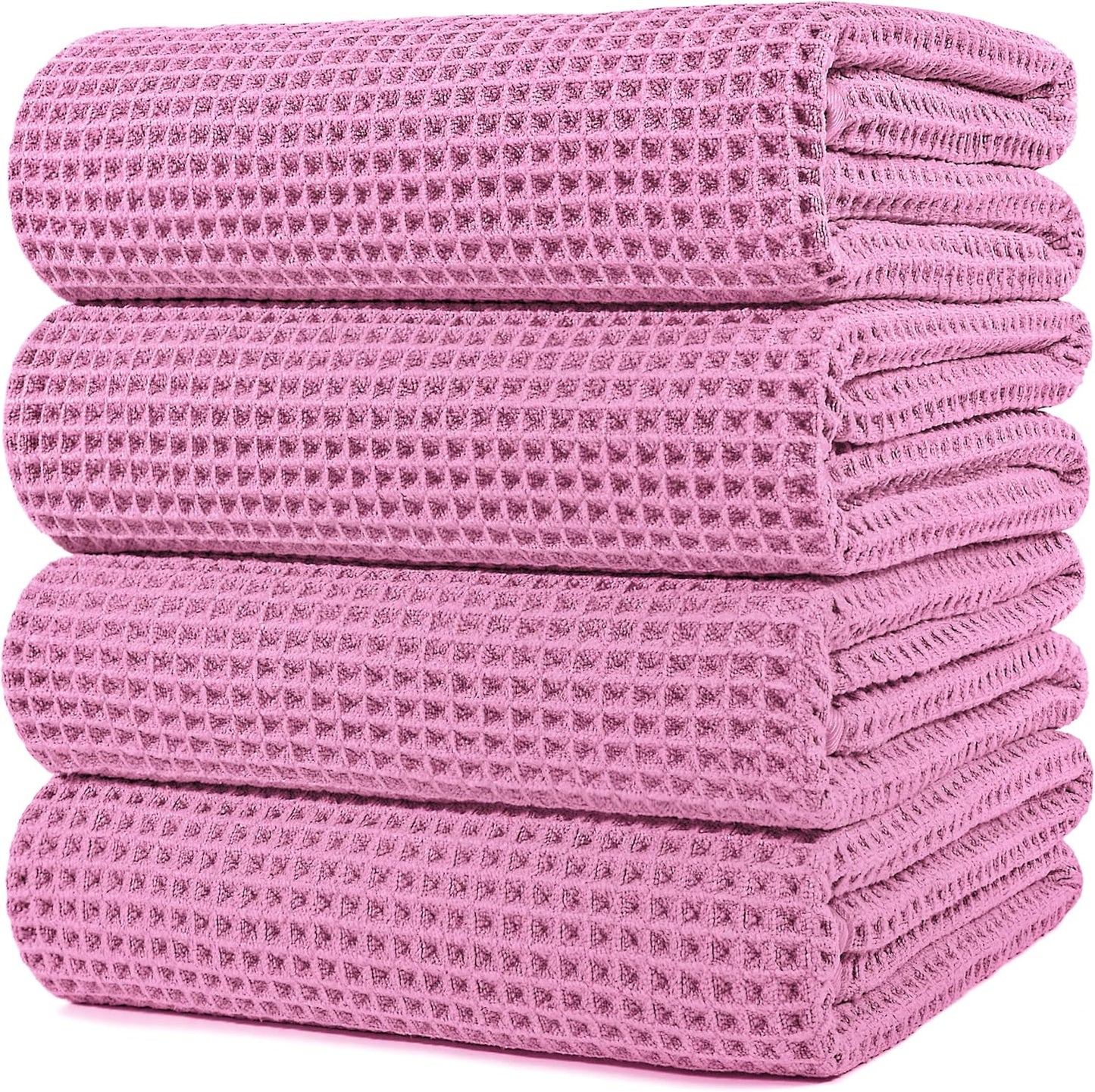 POLYTE Microfiber Oversize Quick Dry Lint Free Bath Towel, 60 x 30 in, 4 Pack (Beige, Waffle Weave)