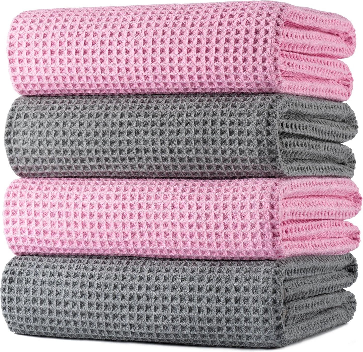 POLYTE Microfiber Oversize Quick Dry Lint Free Bath Towel, 60 x 30 in, 4 Pack (Beige, Waffle Weave)