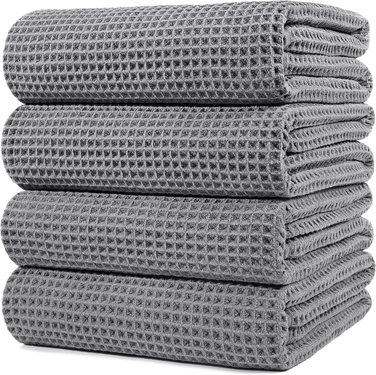 POLYTE Microfiber Oversize Quick Dry Lint Free Bath Towel, 60 x 30 in, 4 Pack (Beige, Waffle Weave)