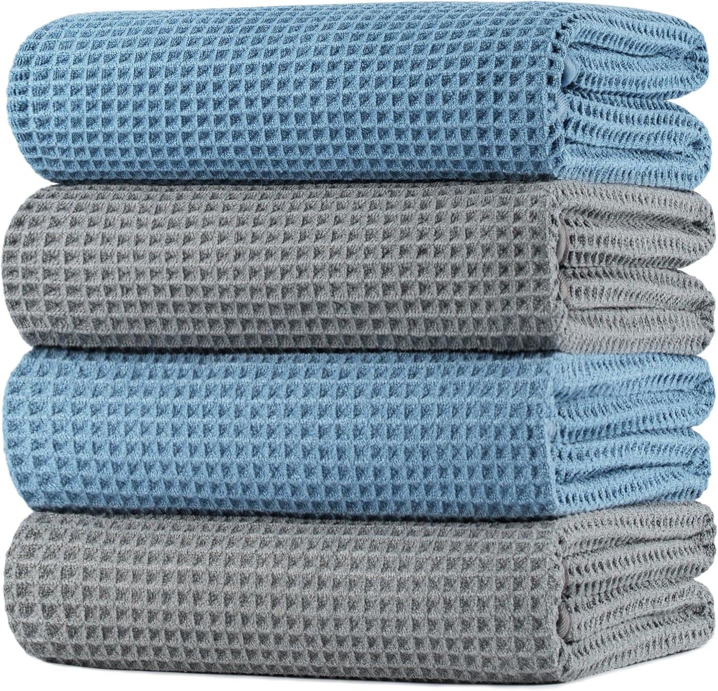 POLYTE Microfiber Oversize Quick Dry Lint Free Bath Towel, 60 x 30 in, 4 Pack (Beige, Waffle Weave)