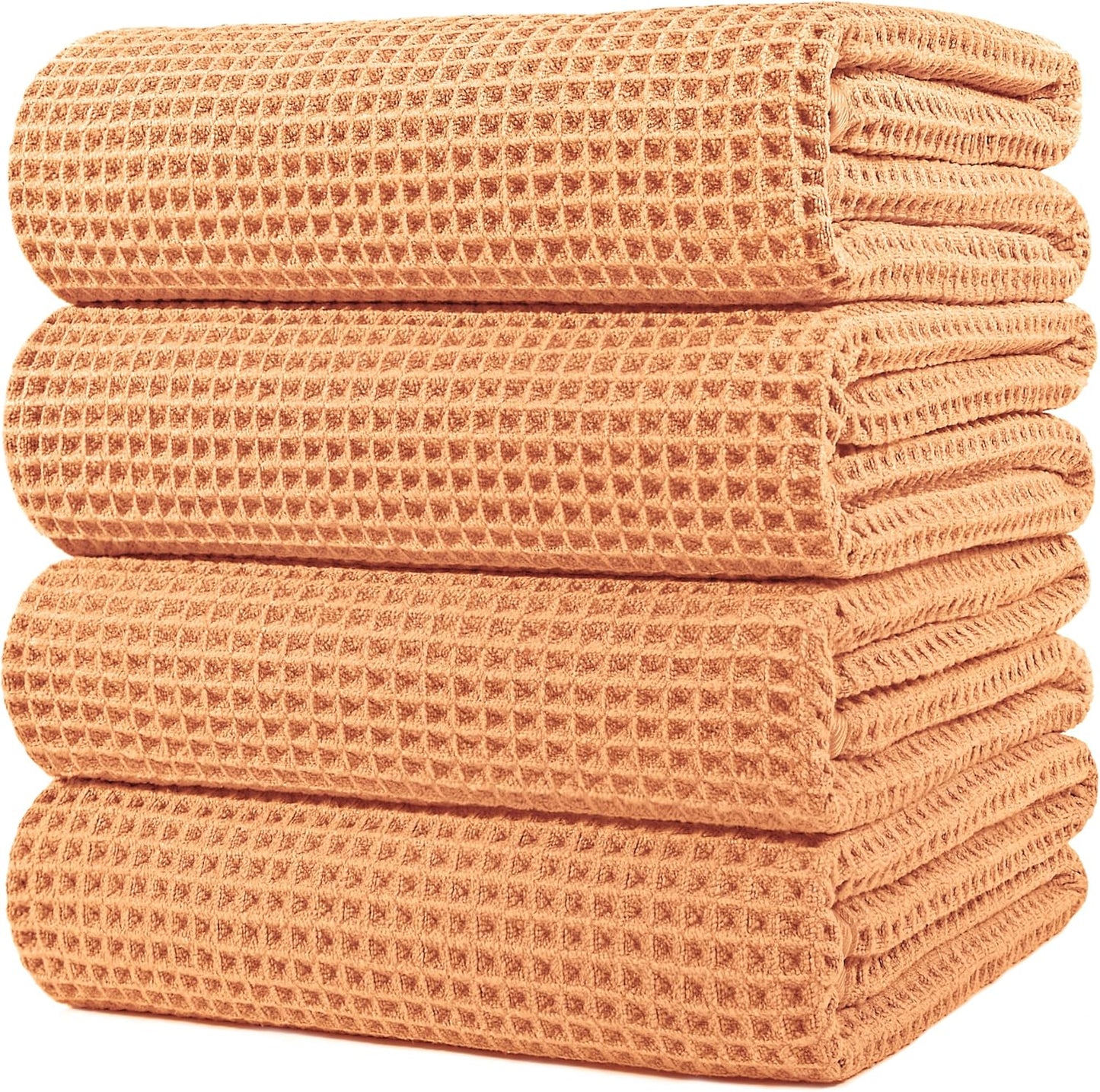 POLYTE Microfiber Oversize Quick Dry Lint Free Bath Towel, 60 x 30 in, 4 Pack (Beige, Waffle Weave)