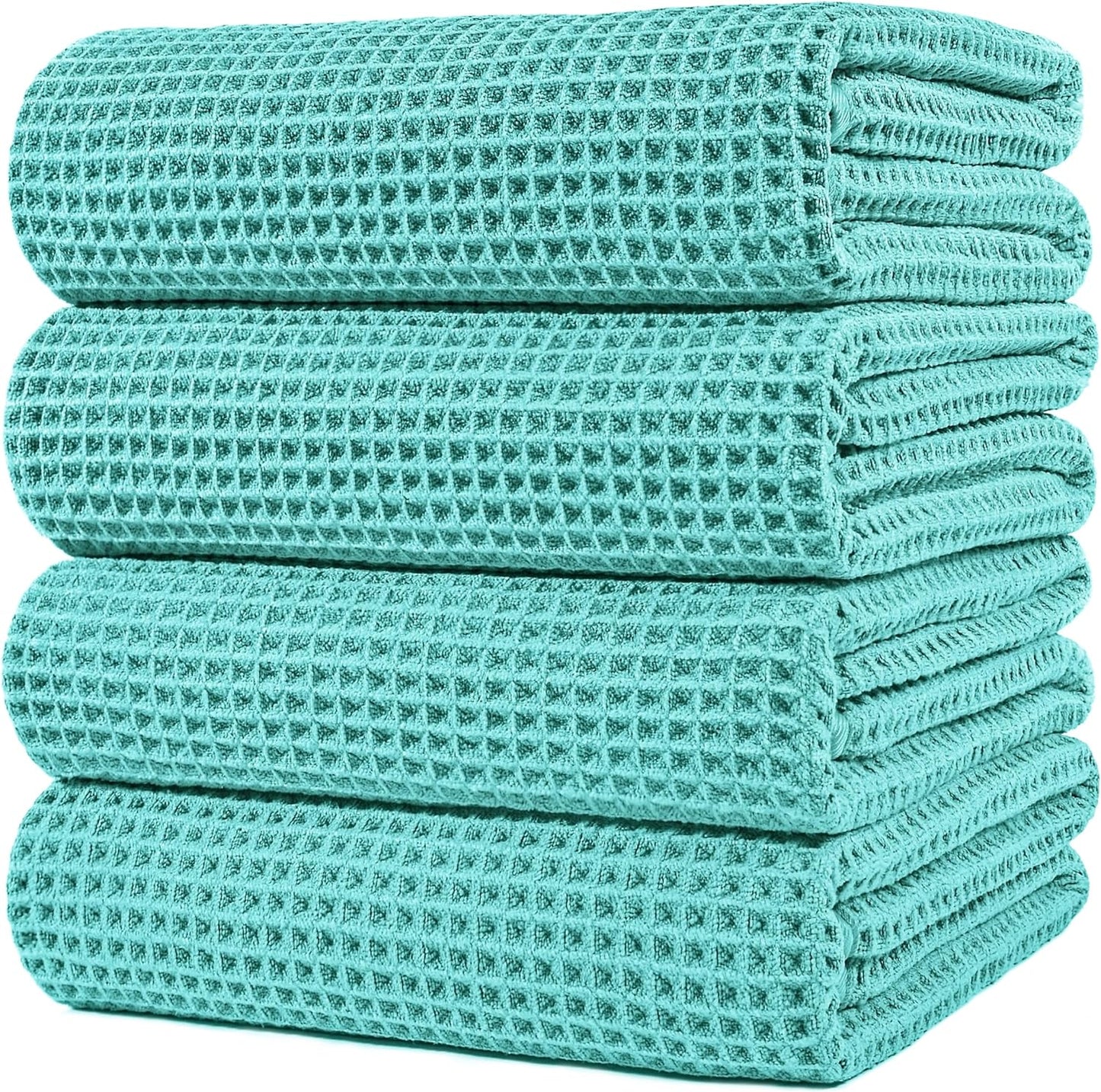 POLYTE Microfiber Oversize Quick Dry Lint Free Bath Towel, 60 x 30 in, 4 Pack (Beige, Waffle Weave)