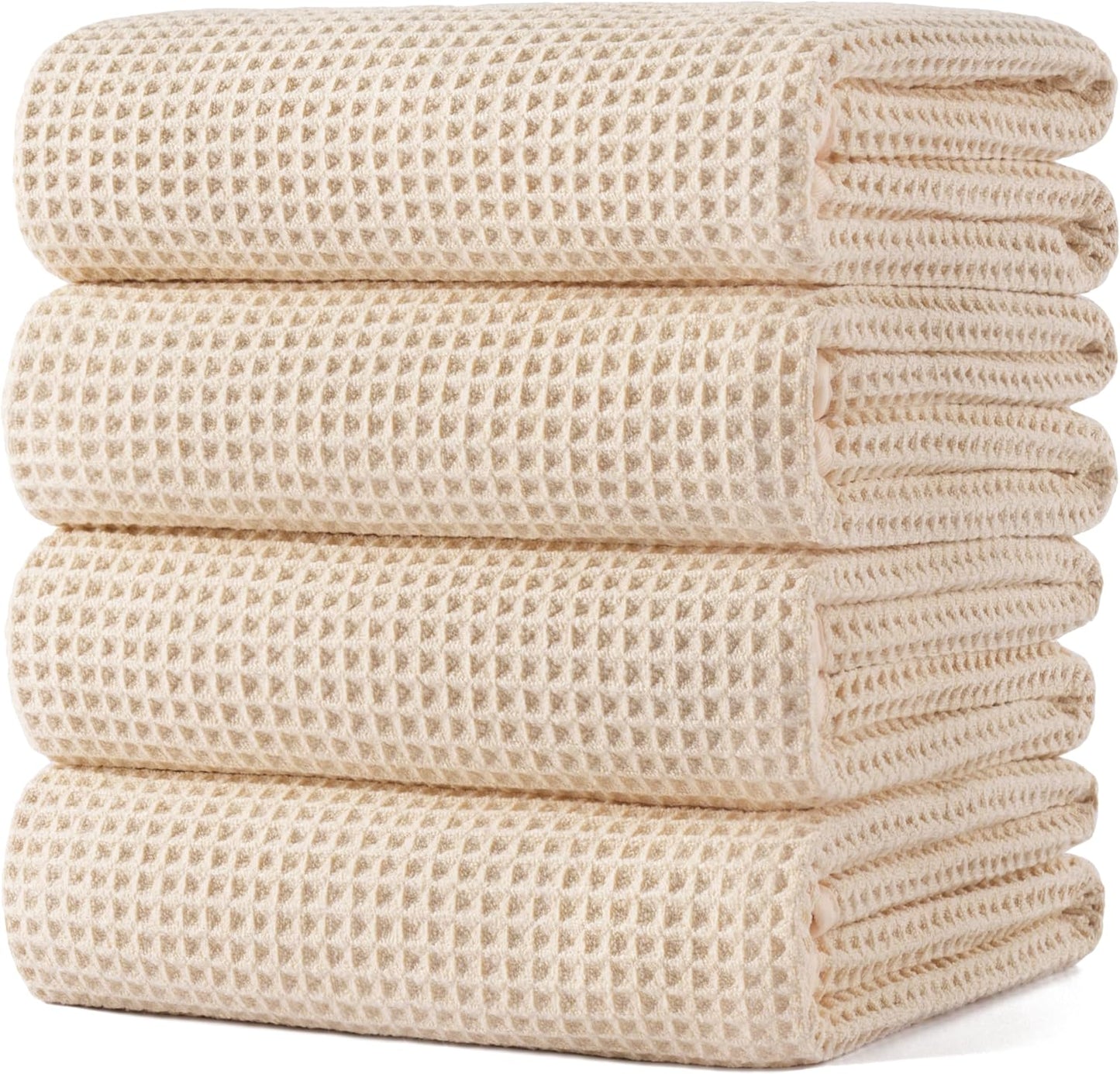 POLYTE Microfiber Oversize Quick Dry Lint Free Bath Towel, 60 x 30 in, 4 Pack (Beige, Waffle Weave)