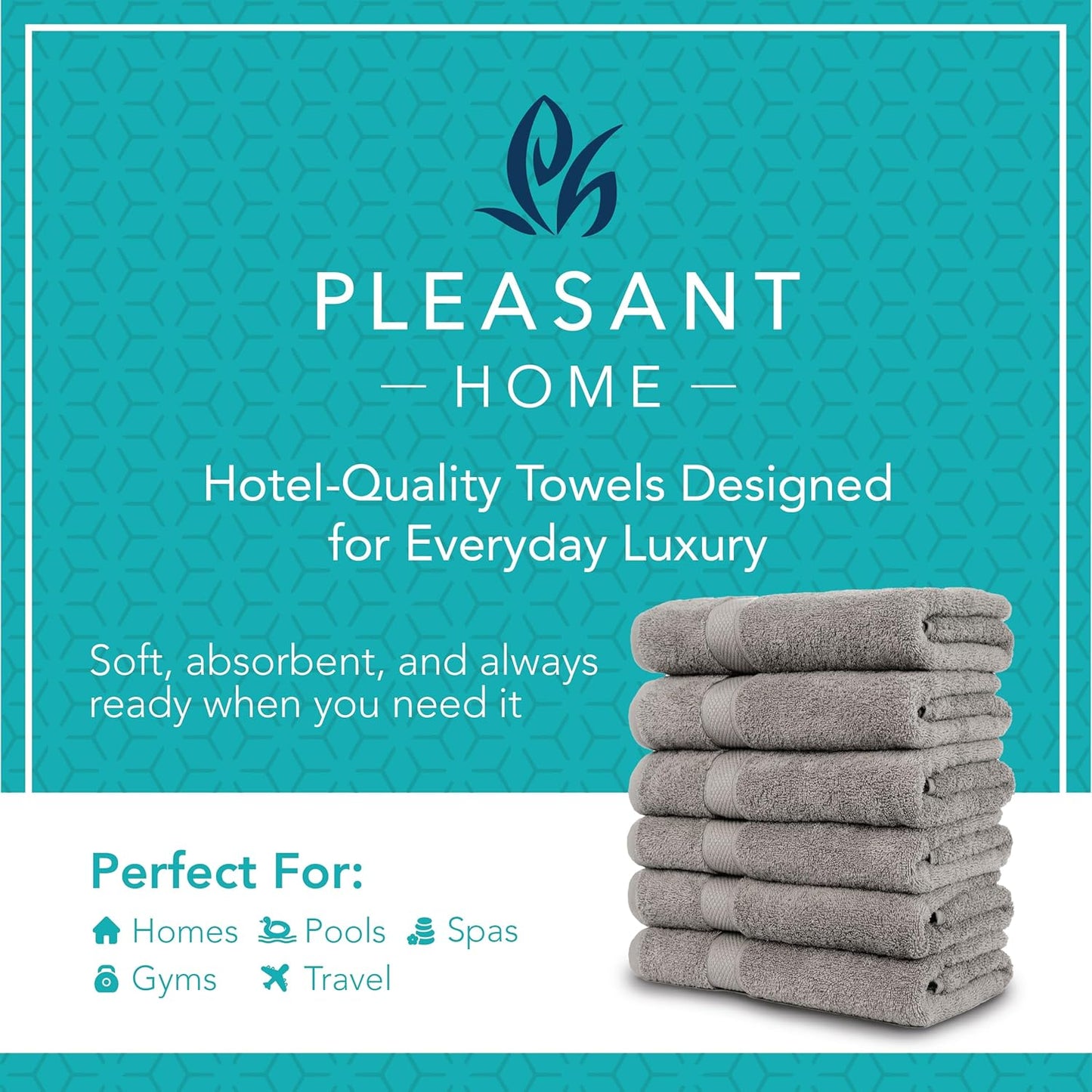 Pleasant Home Bath Towels Set of 6 (24” x 50”) 100% Cotton, 515 GSM | Soft & Absorbent Towels for Bathroom, Gym, Pool & Spa | Bulk Bath Towels 6 Pack - Gray