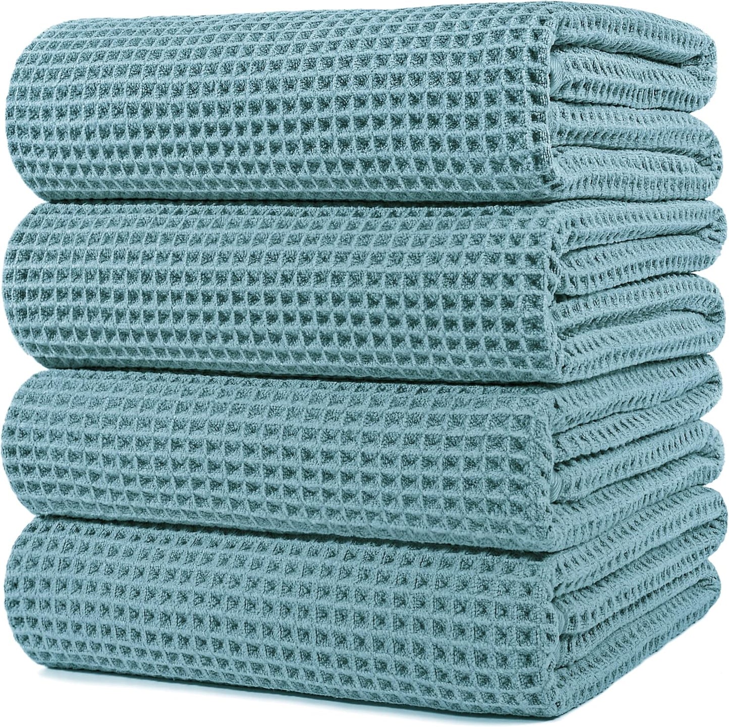 POLYTE Microfiber Oversize Quick Dry Lint Free Bath Towel, 60 x 30 in, 4 Pack (Beige, Waffle Weave)