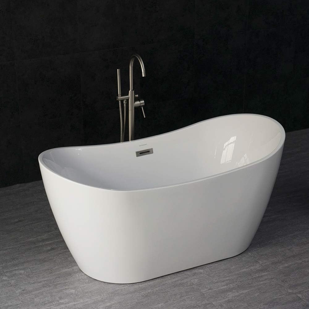 WOODBRIDGE 59" Acrylic Freestanding Bathtub Contemporary Soaking Tub with Brushed Nickel Overflow and Drain B-0016 -B/N-Drain &O