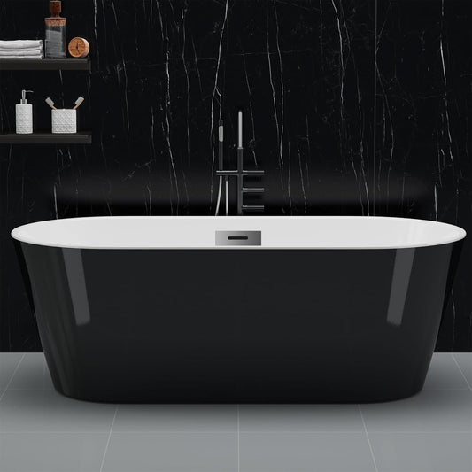 Freestanding Bathtub Black and White 59 inch Acrylic Tub with Chrome Drain, Ergonomic Stand Alone Bathtub for Small Space Modern Bathrooms