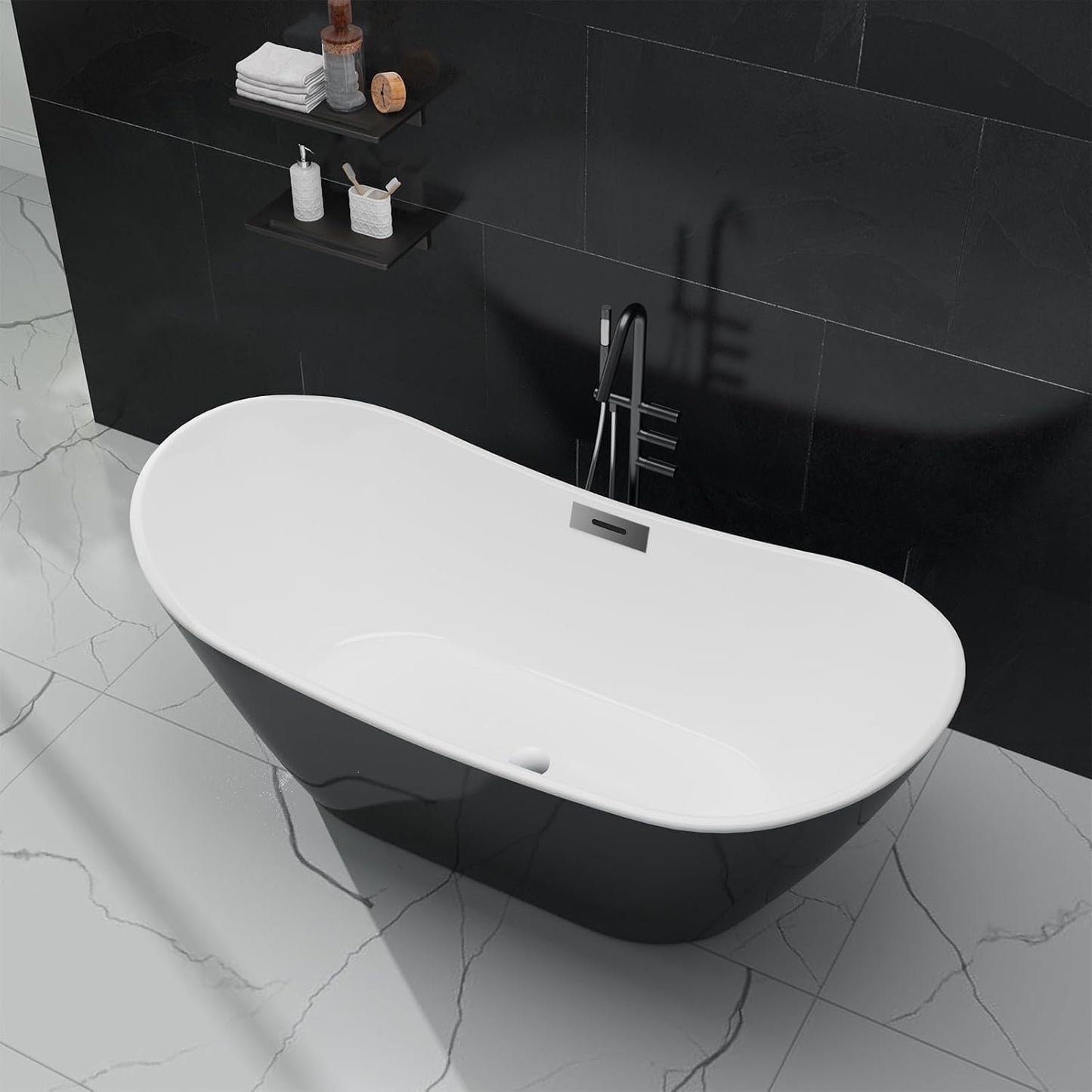 67" Acrylic Freestanding Bathtub, Free Standing Soaking Tub, Free Standing Tub with Overflow and Matte Silver Drain, Modern Bathtub for Bathroom, Hotel, Easy to Install, CUPC Certified, Black, Sky