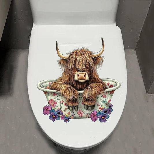 1pcs Cattle Toilet Lid Stickers, Toilet Tank Lid Decals Waterproof, Cartoon Cute Closestool Seat Decals, Bathroom Restroom Door Seat Decoration (Bathing Cattle)