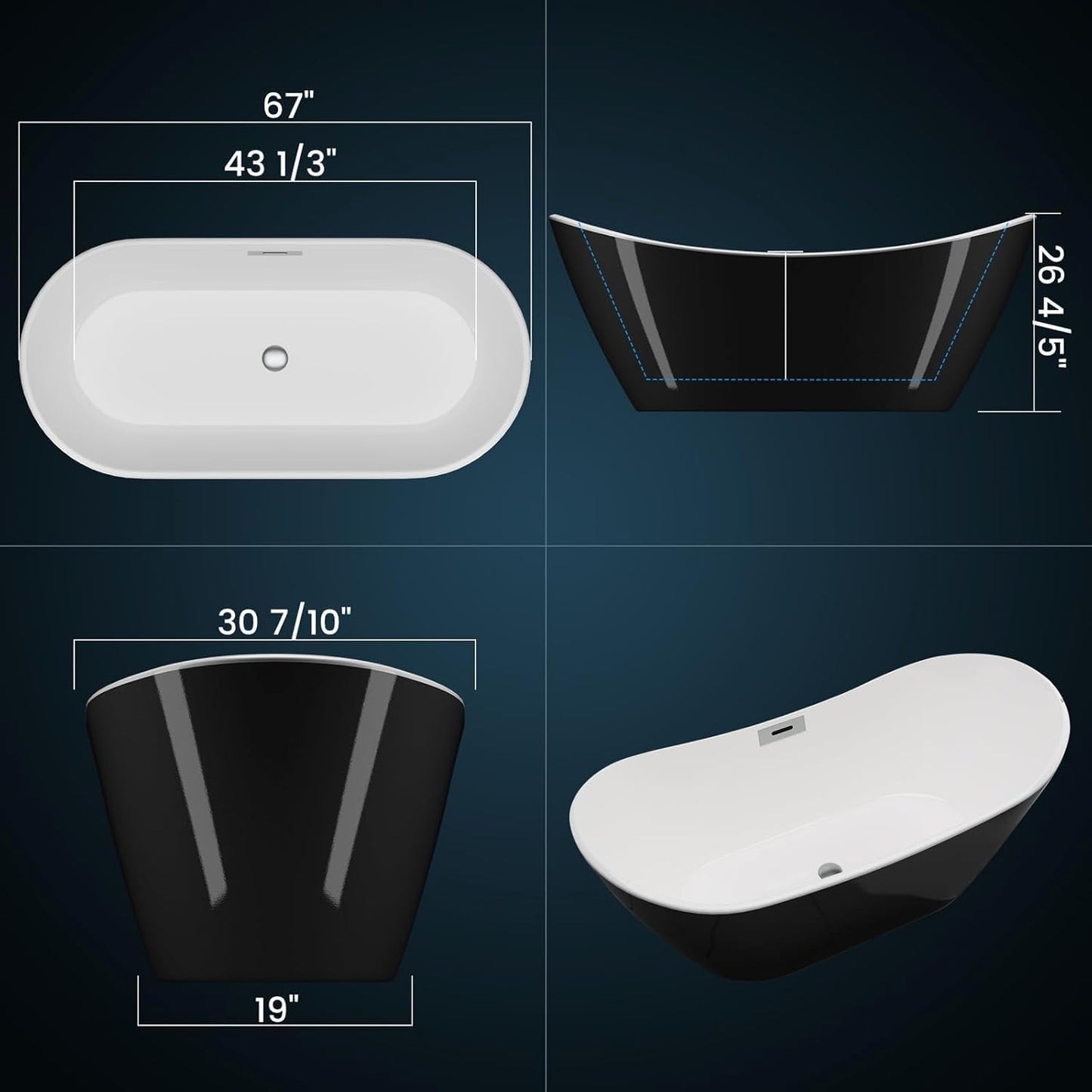 67" Acrylic Freestanding Bathtub, Free Standing Soaking Tub, Free Standing Tub with Overflow and Matte Silver Drain, Modern Bathtub for Bathroom, Hotel, Easy to Install, CUPC Certified, Black, Sky