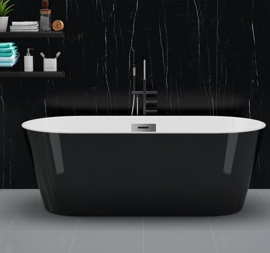 Freestanding Bathtub 59 Inch Acrylic Soaking Tub, Black and White Stand Alone Bathtub with Chrome Drain and Overflow, Space-Saving Freestanding Tub for Small Bathroom or Apartment