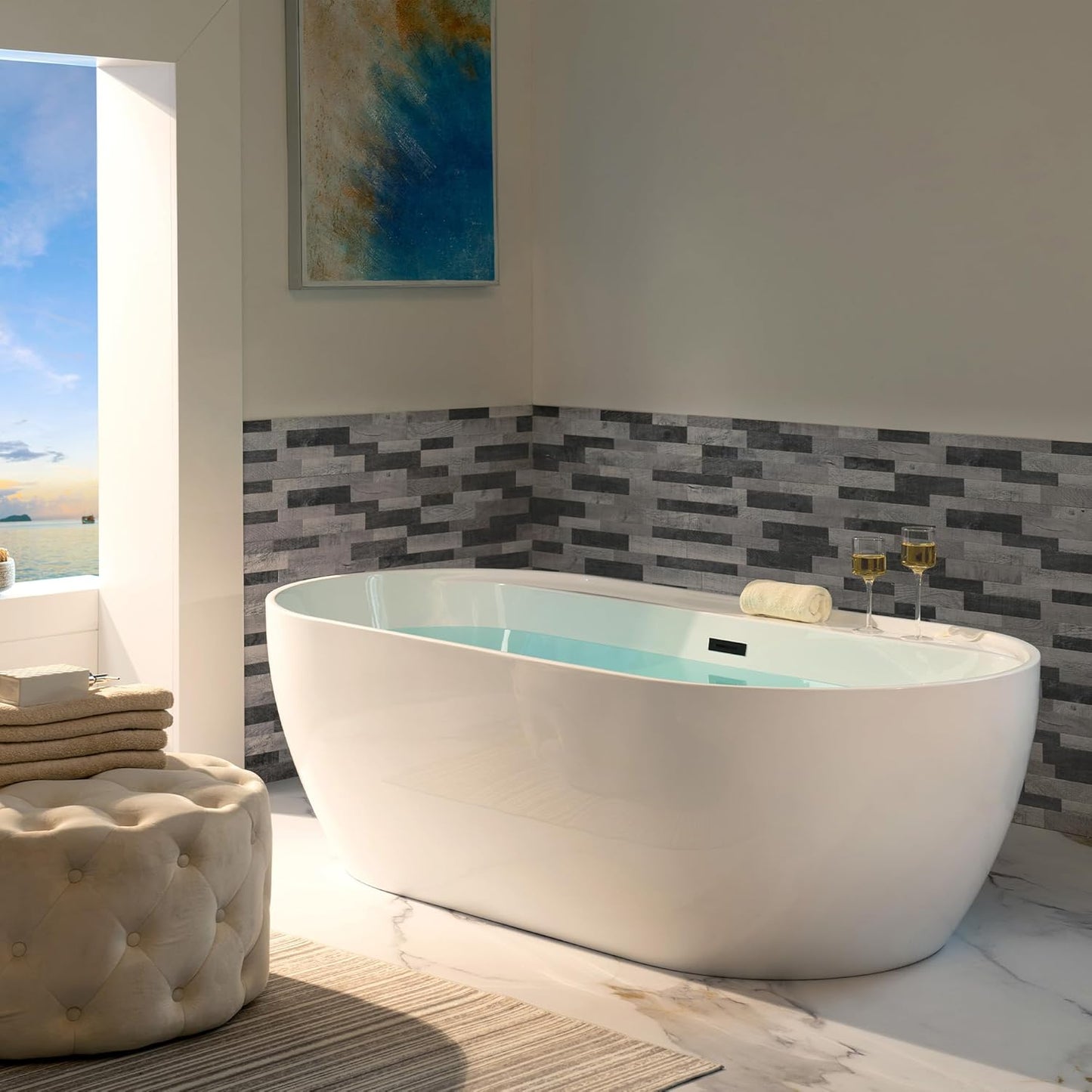 WOODBRIDGE 72" Acrylic Freestanding Bathtub Contemporary Soaking White Tub with Matte Black Overflow and Drain,B0059-MB