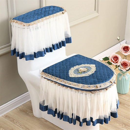 3pcs Toilet Seat Cover Green Gray Tank Cover Lace Decorative Toilet Case Bathroom Washable Closestool Seat Cover Toilet seat (Color : Blue)