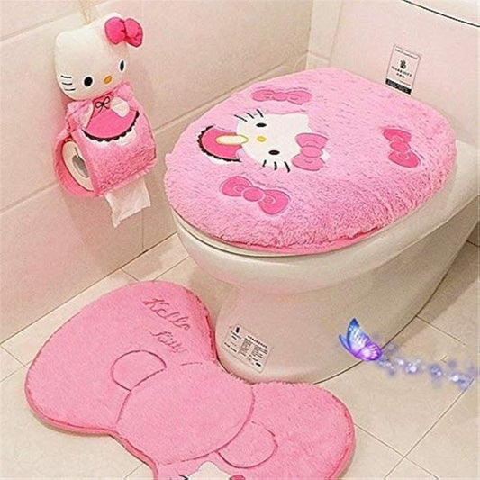 GVTTX Bath mat Cute Cartoon Pink 4 PCS Bathroom Set Toilet Cover WC Non Slip Bath Mat - Toilet Contour Rug Closestool Lid Cover, Seat Cushion,Tissue Box Set (Pink).