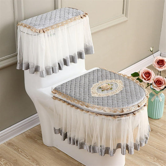 3pcs Toilet Seat Cover Green Gray Tank Cover Lace Decorative Toilet Case Bathroom Washable Closestool Seat Cover(Light Grey)